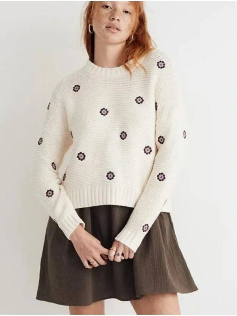 Granola Boho Granny Artsy Floral Embroidered Madewell Cream Purple Sweater Lg